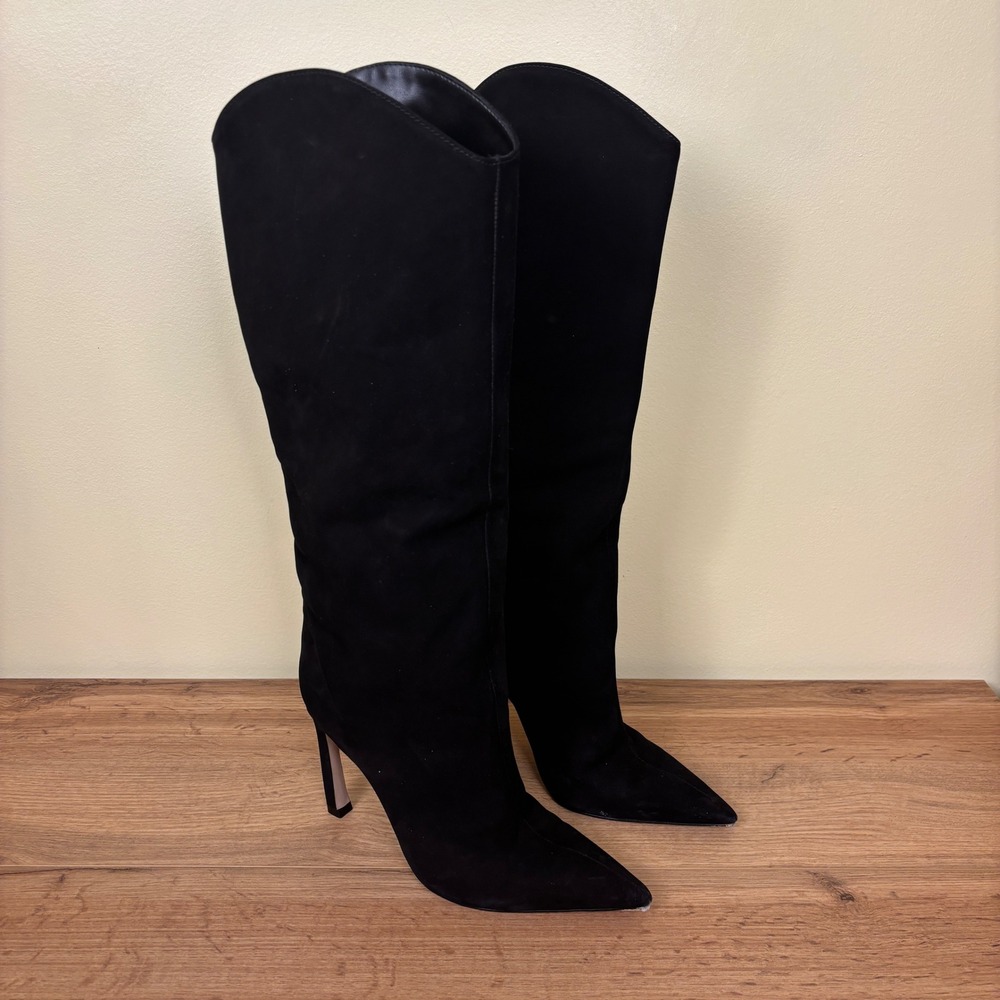 SCHUTZ Maryana Sculpt Suede Leather Boot‎ Black Women Size 7.5 Heels Pointed Toe